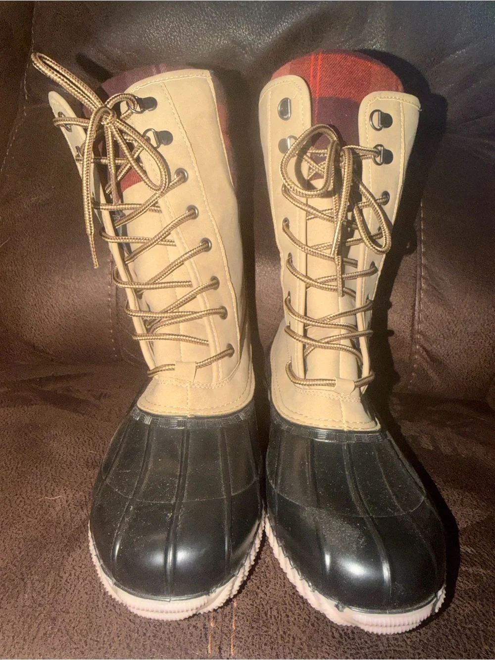Classic Tan Duck Boots with Plaid Collar